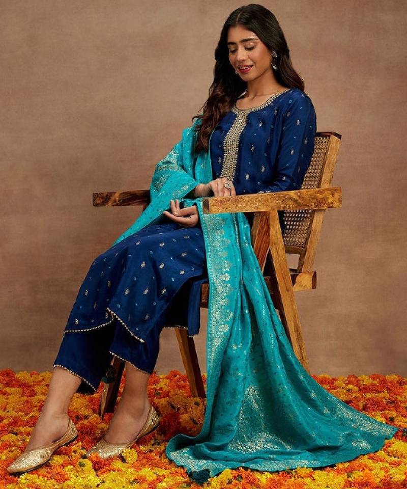 Women ethnic motifs embroidered thread work kurta with trousers & dupatta kurta sets