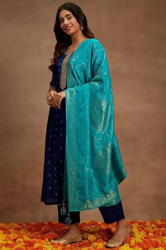 Women ethnic motifs embroidered thread work kurta with trousers & dupatta kurta sets