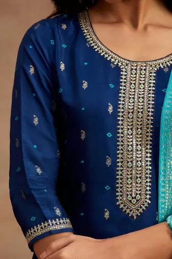 Women ethnic motifs embroidered thread work kurta with trousers & dupatta kurta sets