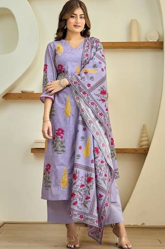 Floral printed v-neck straight kurta with palazzos and dupatta