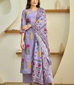 Floral printed v-neck straight kurta with palazzos and dupatta