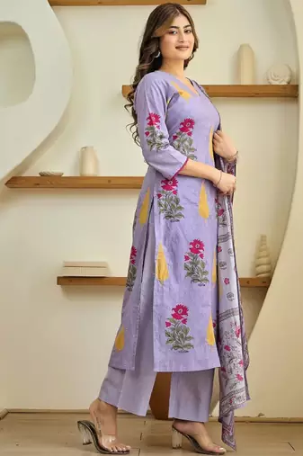 Floral printed v-neck straight kurta with palazzos and dupatta
