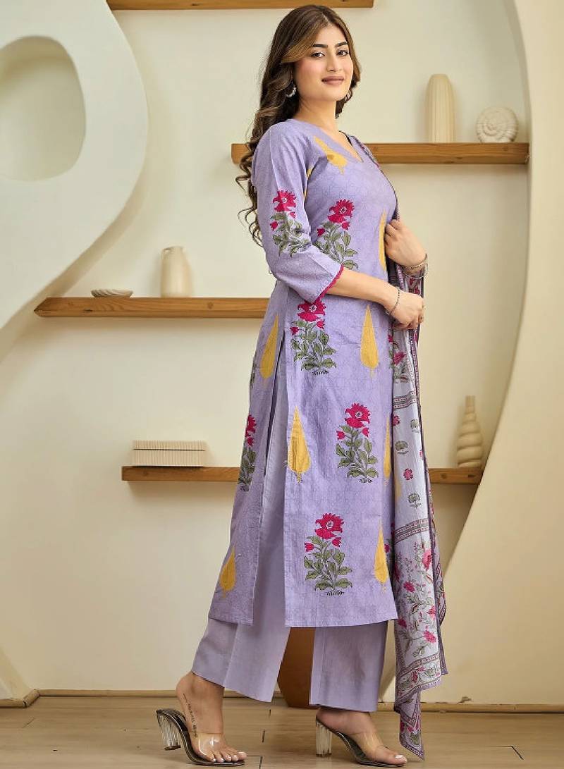 Floral printed v-neck straight kurta with palazzos and dupatta