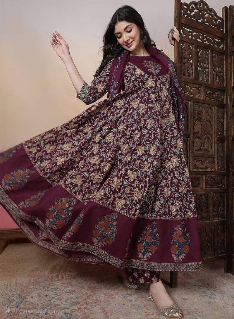 Women burgundy pure cotton kurta sets