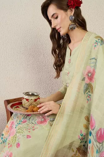 Women floral embroidered thread work pure cotton kurta with trousers & dupatta