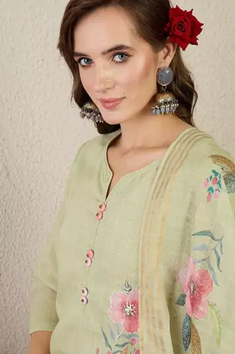 Women floral embroidered thread work pure cotton kurta with trousers & dupatta
