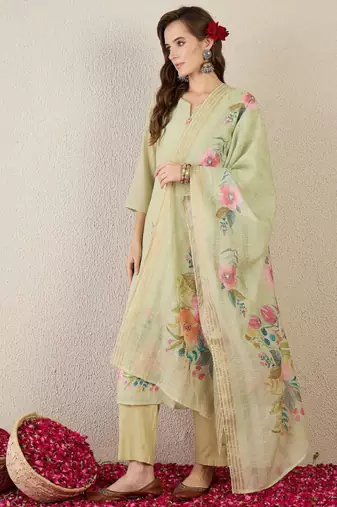 Women floral embroidered thread work pure cotton kurta with trousers & dupatta