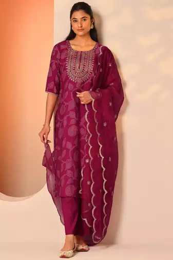 Women woven design embroidered kurta with trousers & dupatta