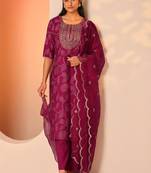 Women woven design embroidered kurta with trousers & dupatta