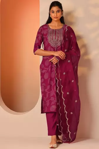 Women woven design embroidered kurta with trousers & dupatta