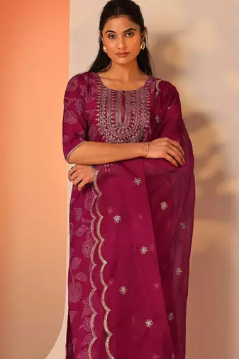 Women woven design embroidered kurta with trousers & dupatta