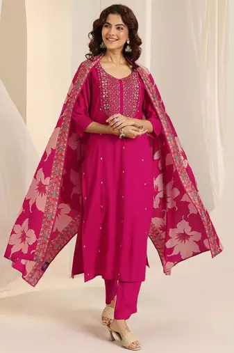 Floral embroidered round neck thread work straight kurta with trousers & dupatta