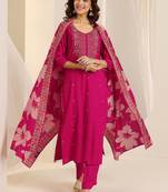 Floral embroidered round neck thread work straight kurta with trousers & dupatta