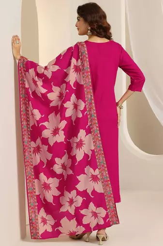 Floral embroidered round neck thread work straight kurta with trousers & dupatta