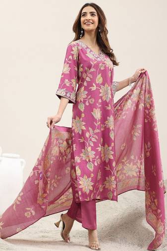 Women floral printed regular kurta with trousers & dupatta