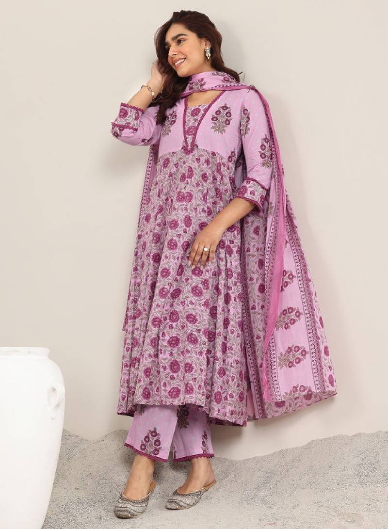 Women floral printed anarkali kurta with trousers & dupatta