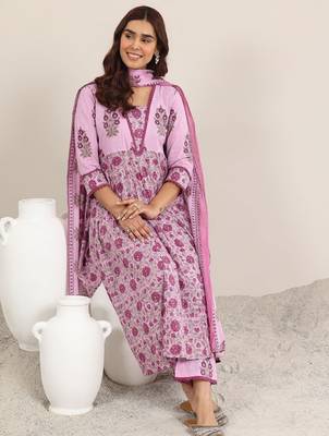 Women floral printed anarkali kurta with trousers & dupatta 2