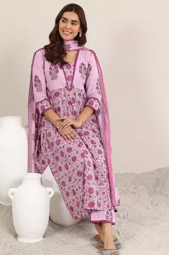 Women floral printed anarkali kurta with trousers & dupatta