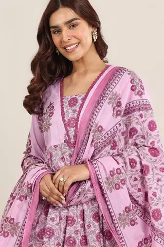 Women floral printed anarkali kurta with trousers & dupatta