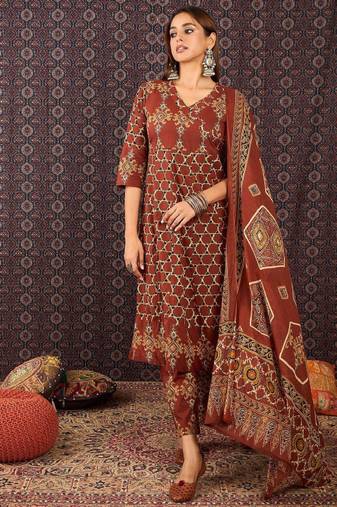 Women ethnic motifs printed pure cotton kurta with trousers & dupatta