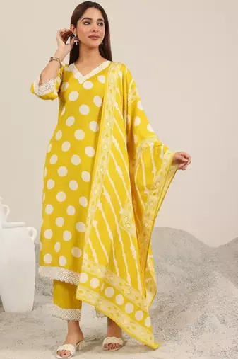 Women printed v-neck kurta with trousers & dupatta