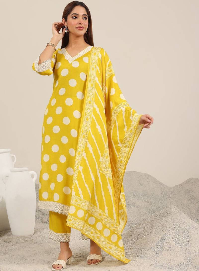 Women printed v-neck kurta with trousers & dupatta