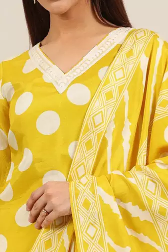 Women printed v-neck kurta with trousers & dupatta