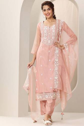 Floral embroidered notch neck organza straight kurta & trousers with dupatta