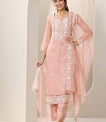 Floral embroidered notch neck organza straight kurta & trousers with dupatta