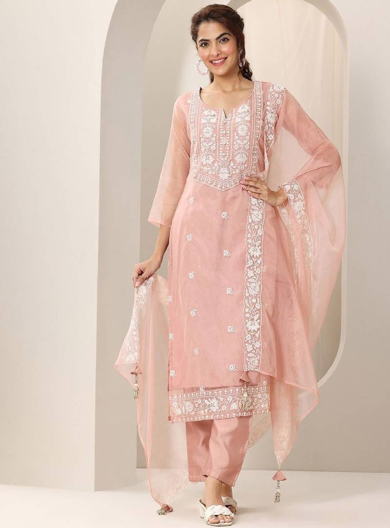 Floral embroidered notch neck organza straight kurta & trousers with dupatta