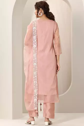 Floral embroidered notch neck organza straight kurta & trousers with dupatta