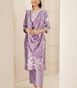 Floral printed v-neck straight kurta with trousers & dupatta