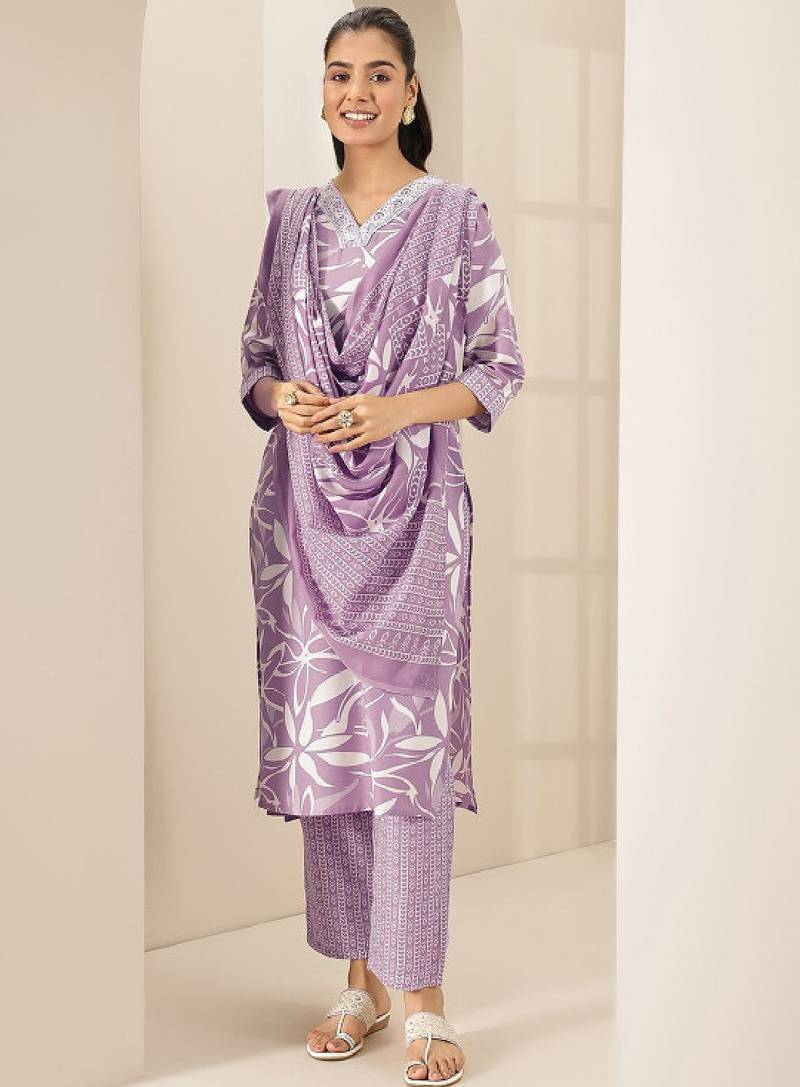Floral printed v-neck straight kurta with trousers & dupatta