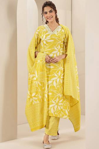 Floral printed v neck thread work straight kurta with trousers & dupatta