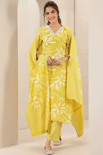 Floral printed v neck thread work straight kurta with trousers & dupatta