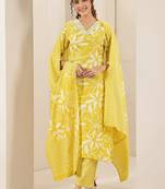 Floral printed v neck thread work straight kurta with trousers & dupatta