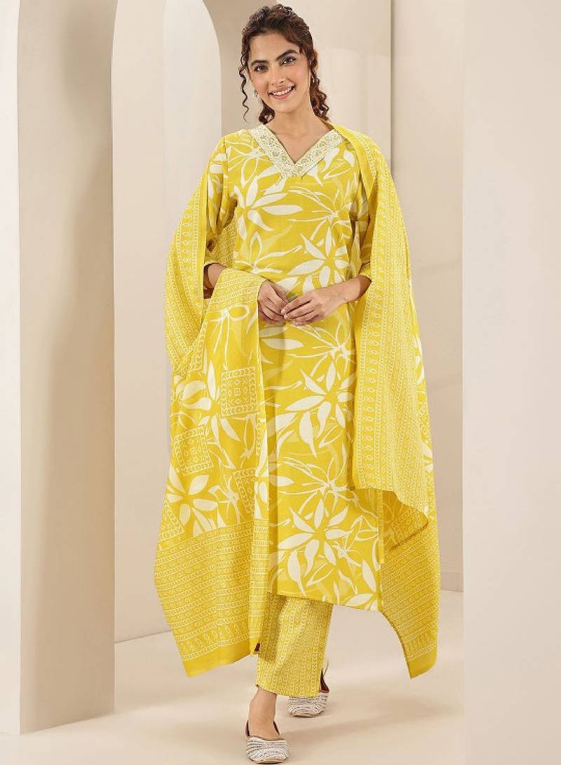 Floral printed v neck thread work straight kurta with trousers & dupatta