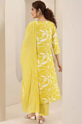 Floral printed v neck thread work straight kurta with trousers & dupatta
