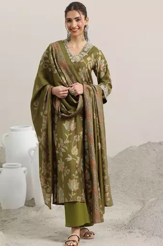 Floral printed v neck thread work straight kurta with trousers & dupatta
