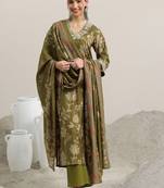 Floral printed v neck thread work straight kurta with trousers & dupatta