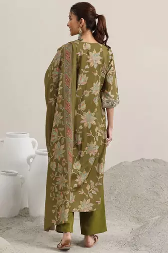 Floral printed v neck thread work straight kurta with trousers & dupatta