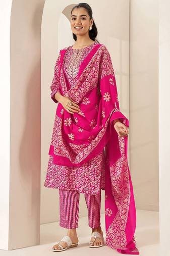 Women ethnic motifs printed regular mirror work kurta & trousers with dupatta