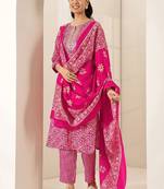 Women ethnic motifs printed regular mirror work kurta & trousers with dupatta