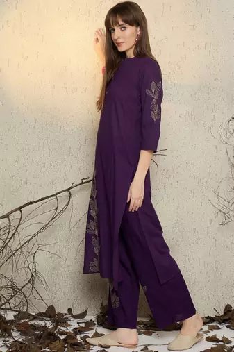 Floral embroidered mandarin collar thread work pure cotton kurta with trousers