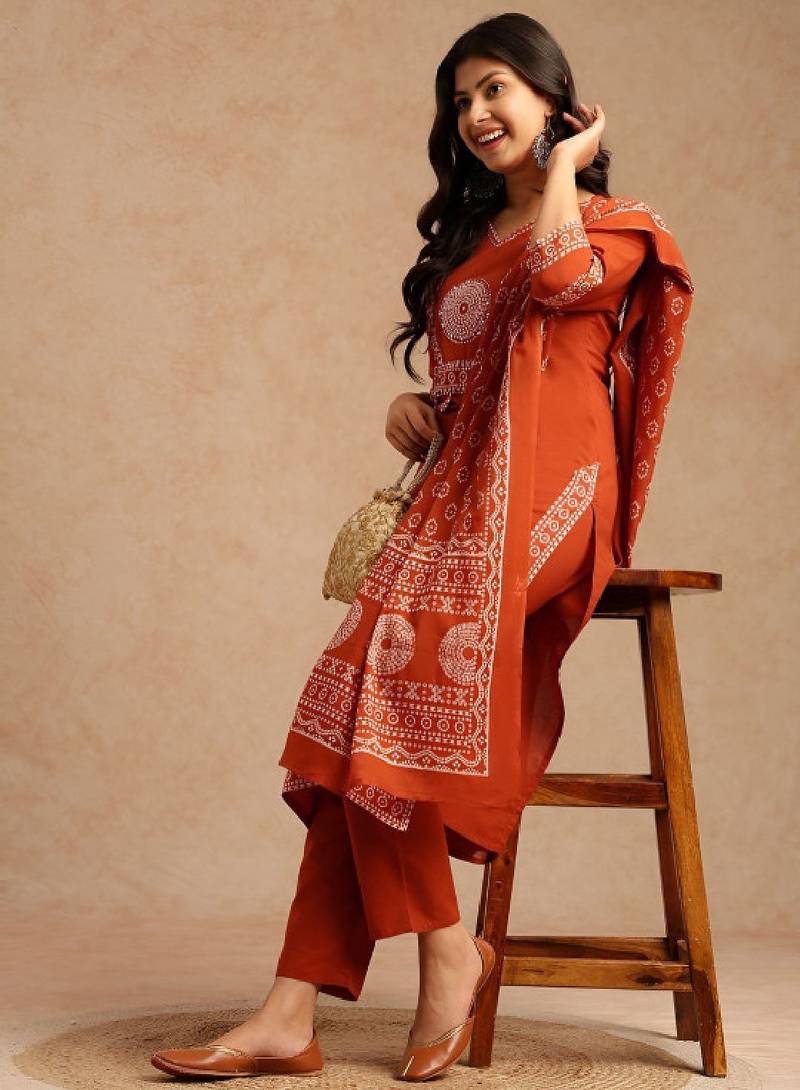 Women ethnic motifs printed regular pure cotton kurta & trousers with dupatta