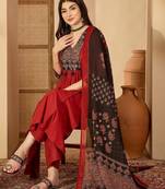 Women ethnic motifs printed empire thread work kurta with trousers & with dupatta