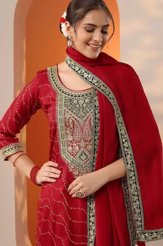 Women bandhani printed kurta with trouser & dupatta
