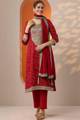 Women bandhani printed kurta with trouser & dupatta