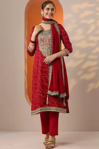 Women bandhani printed kurta with trouser & dupatta