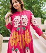 Floral printed mandarin collar pleated pure cotton a-line kurta with trousers